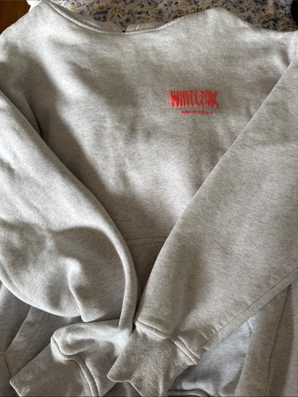 White Fox Boutique Light Gray Sweatshirt with Coral Logo
